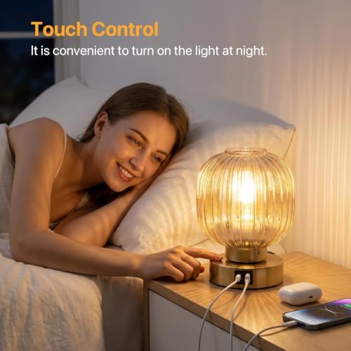 Elenhome Touch Small Table Lamp,Elegant Gold Glass Bedside Lamp 3 Way Dimmable with USB C+A Charging Ports - Bedroom Nightstand & Living Room Essential, 4W Bulb Included (Gold)