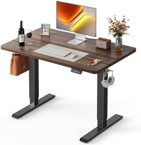 FEZIBO 40 x 24 Inchs Electric Standing Desk, Height Adjustable, Sit Stand Up, Computer Office Desk with Splice Board, Black Frame/Black Walnut Top