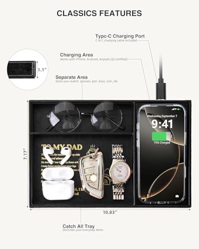 TopMade Valet Tray for Men, Built in Wireless Charging Pad, Nightstand Dresser Organizer, Faux Leather Mens Jewelry Box with Charging Station, Black