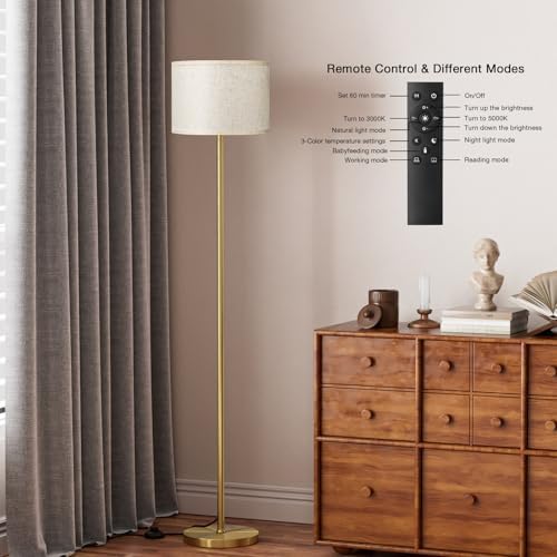 Ambimall 60'' Modern Floor Lamp with Remote, Tall Lamps for Living Room, Bedroom, Office, Dining Room, Beige Shade with Gold Pole(Included Bulb)