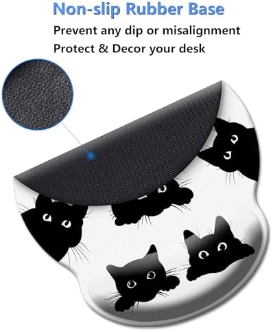 Funny Cat Mouse Pad Wrist Support,Ergonomic Mouse Pad with Wrist Rest,Comfortable Mousepad with Smooth Wrist Rest,Pain Relief Mouse Pads for Non-Slip Base,Computer,Laptop,Office & Home(Six Black Cats)