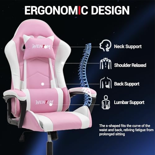 Massage Gaming Chair, Ergonomic PC Desk Chair with Headrest and Massage Lumbar Support, Video Game Chair w/Height Adjustable High Back for Home Office, Pink