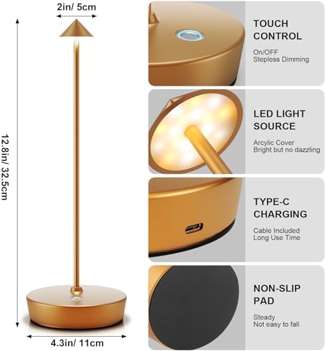 Set of 2 LED Cordless Table Lamp, Rechargeable Battery Operated Dimmable Restaurant Table Lamp, 6000mAh, Outdoor Patio Gold