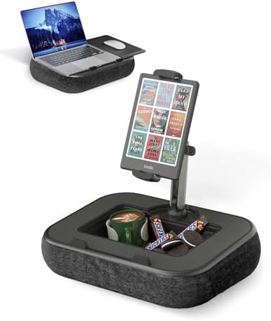 Viozon Kindle Pillow Stand Holder, Phone holder for Bed, Laptop Lap Desk with Mouse Pad,Compatible with 4.7-13" Kindle/Tablet/Phone,10-15"Laptop, Snack Bowl&Cup Attachment&Detachable 360°Stand Arm, B