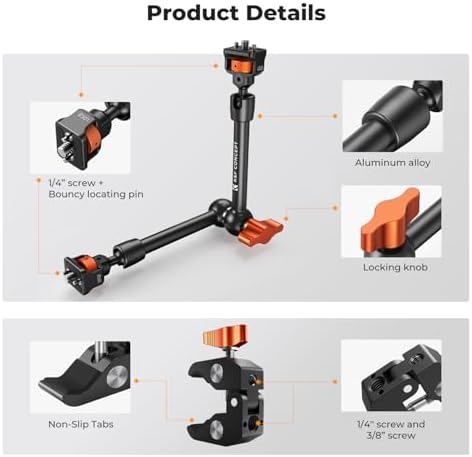 K&F CONCEPT 11" Magic Arm Clamp with ARRI 1/4" & 3/8" Thread Screw