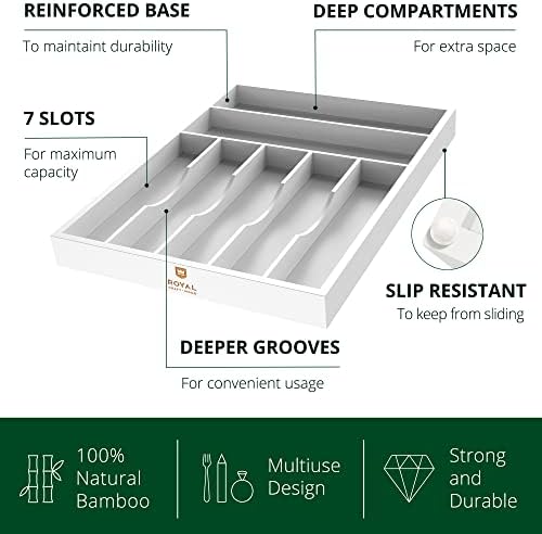 ROYAL CRAFT WOOD Luxury Bamboo Kitchen Drawer Organizer - Silverware Organizer - Utensil Holder and Cutlery Tray with Grooved Drawer Dividers for Flatware and Kitchen Utensils (7 Slot, White)