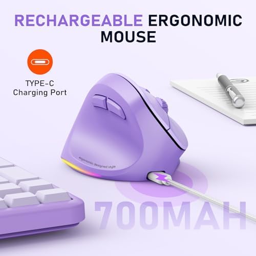 MEETION Left-Handed Ergonomic Mouse, Vertical RGB Wireless Design, Purple