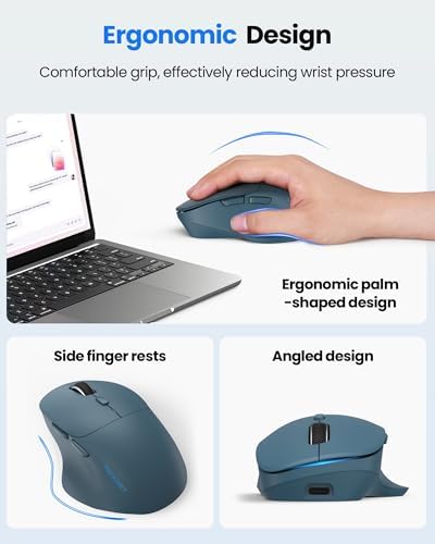 TECKNET Wireless Mouse Bluetooth 5.0/3.0 & 2.4G Rechargeable, Silent Clicks, Adjustable 4800 DPI, 6 Buttons, Ergonomic Design, Bluetooth Mouse for Laptop, Computer, ipad - Blue