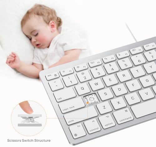 Emetok Wired Keyboard for Mac Users, 1 Cable 2 Plugs USB-C & USB-A, Silver