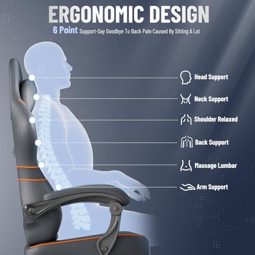 Ferghana Leather Ergonomic Gaming Chair with Footrest and Linkage Armrest, High Back Computer Game Chair with Massage Lumbar Support for Adult(Grey)