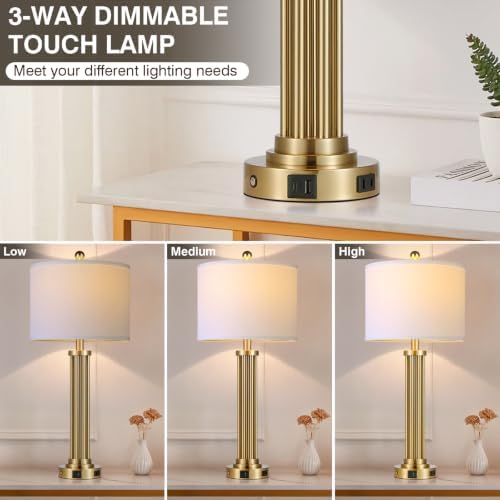 28" Tall Modern Table Lamps Set of 2 with USB C+A Ports and AC Outlet, 3 Way Touch Metal Bedside Lamps for Bedroom, Gold Nightstand Lamps for Living Room
