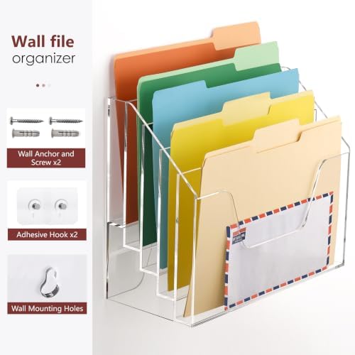 DINGHUO 5 Tier Acrylic Desk Office Wall File Organizer, Clear Wall Mounted File Holder, Magazine Rack Hanging File Organizer (Adhesive Hooks x 2)