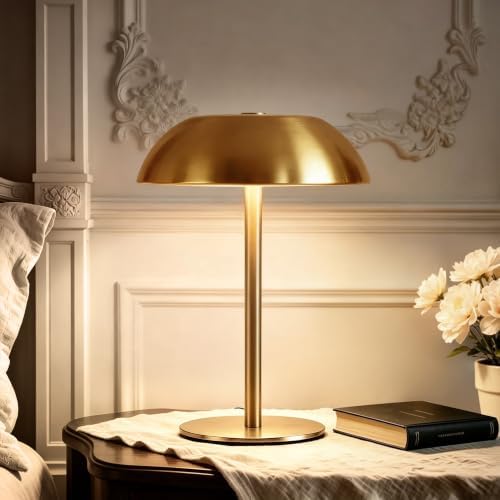 Portable LED Mushroom Table Lamp, 24H Cordless Metal Night Light with Rechargeable Battery, Stepless Dimmable 3 Colors Desk Lamp for Bedroom Bar Coffee Shop(Brushed Gold)