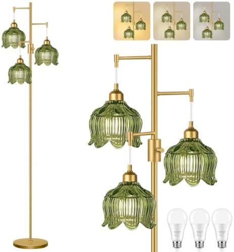 Vintage Floor Lamps for Living Room 3 Light Glass Floor Lamp with 3 Color Temperatures, Dimmable Green Floor Lamp Gold Mid Century Modern Standing Lamp Tall Tree Flower Floor Lamp for Bedroom Corner