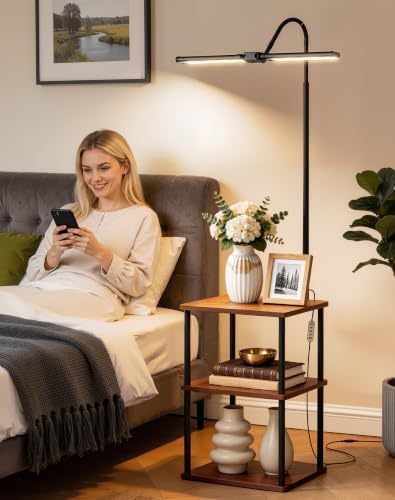 LED Floor Lamp with Table, 18W Bright Reading Floor Lamp for Office, Narrow Side Table with Dual Head Goose-Neck, Adjustable Brightness & Color Temp, End Table with Storage Shelves-Rustic Brown