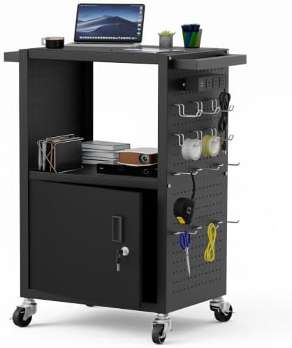 Mobile AV Cart Heavy Duty Computer Cart with Cabinet Push Handles Rolling Media Cart with Outlets Customized Pegboard & Hooks Multipurpose Utility Cart with Extra Storage Space