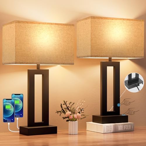 19.6" Touch Lamps for Nightstand, 3 Way Dimmable Bedroom Lamp, USB C+A