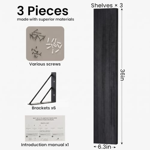 BAYKA 36 Inch Long Wall Mounted Floating Shelves (Black, Set of 3, 36")