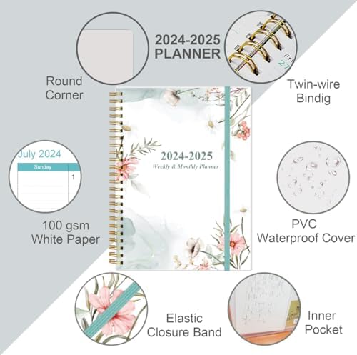 2024-2025 Planner - Weekly Monthly Planner Spiral Bound from July 2024 to June 2025 with 12 Monthly Tabs, Inner Pocket, Elastic Closure, Pink Flowers