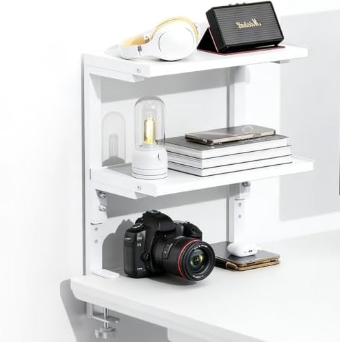 Spacrea Clamp on Desk Shelf, 2 Tier Office Desk Shelves Organizer, Wood Desktop Supplies Storage Rack, Desk Organizers and Accessories (White)