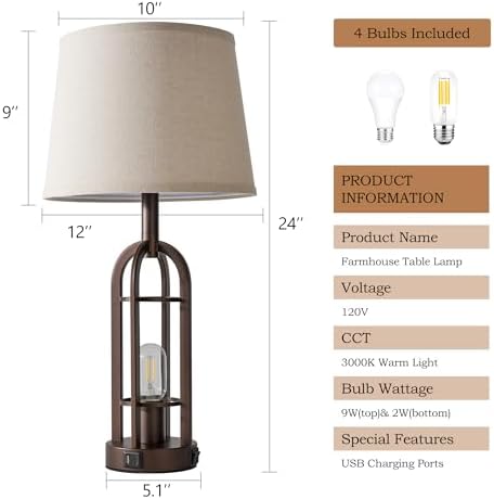 SRJJA 24" Industrial Table Lamps for Living Room Bedroom Set of 2, USB A+C