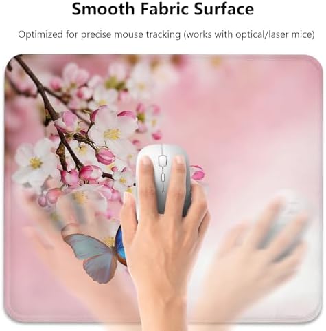 Pink Cherry Blossom & Blue Butterfly Mouse Pad, Japanese Sakura Desk Mat