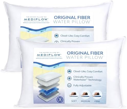 Mediflow Fiber Water Pillow - Adjustable for Neck Pain Relief, Pillow for Side, Back, and Stomach Sleepers, The Original Inventor of The Water Pillow, Clinically Proven Bed Pillow (2 Packs)