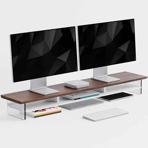 FENSULN Dual‑Tier Monitor Stand for Modern Desk Setup – Minimalist Wooden and Metal Riser Shelf with Transparent Acrylic Feet for Dual Monitors, Laptops, Home Office Aesthetic，Brown and White