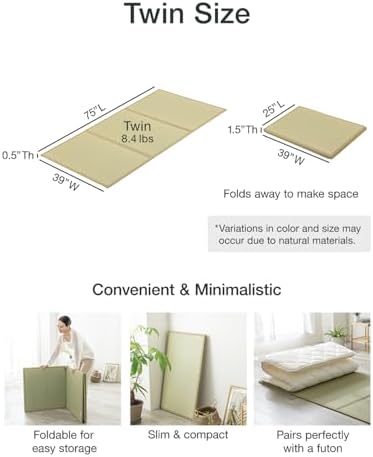 FULI Japanese Tatami Mattress, Foldable Igusa Rush Grass, Natural, Twin