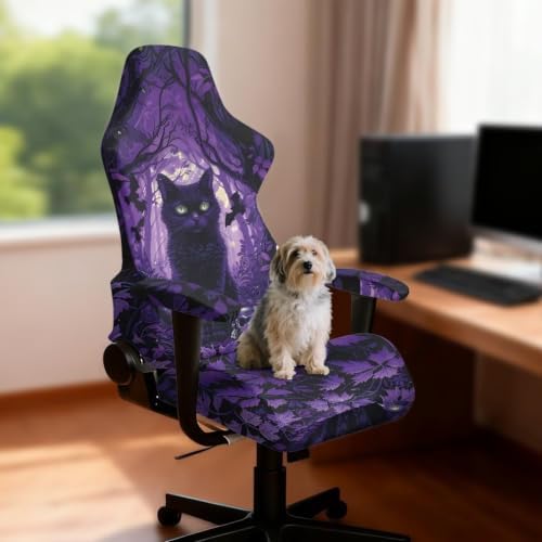 Purple Forest Black Cat Witchy Gaming Chair Cover Stretchable Game Chair Slipcovers with 2 Armrest Covers, Scratch-Proof Gamer Desk Chair Covers for Computer Office Seat