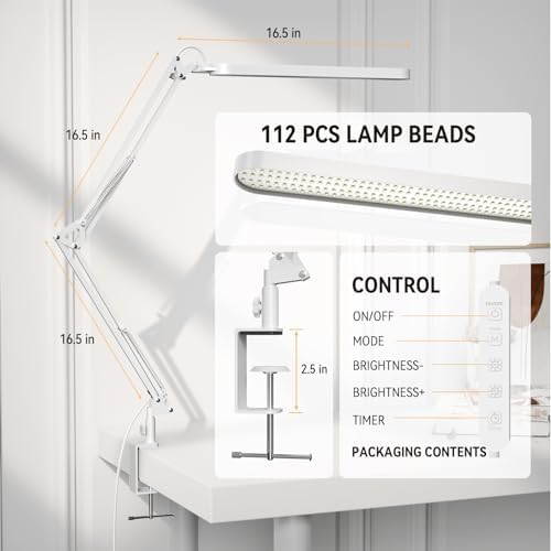 SKYLEO Led Desk Lamp - 31.5" Desk Light - 5 Color Modes X 11 Brightness Levels - Adjustable Swing Arm - Timmer & Memory Function - 12W Study Lamp - White
