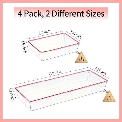 4 Pack Large Size Clear Stackable Drawer Organizer Trays, Rose Gold Rim Makeup Drawer Storage Tray Divider, Desk Storage for Makeup, Jewelry, Bathroom, Stationary, Kitchen Utensils and Office Desk