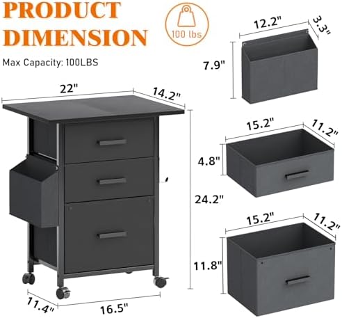 3-Drawer Mobile File Cabinet with 22" Wide Printer Stand, Fabric Under Desk Filing Cabinet with Side Bag & Headphone Hook, Fits Letter/A4 Size Hanging File Folders, Rolling Home Office Organizer,Black