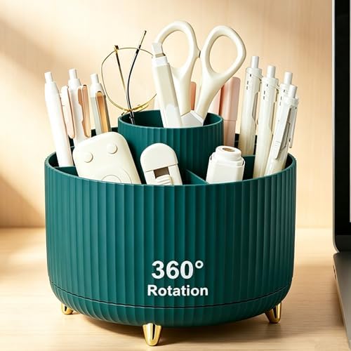 Pencil Pen Holder 5 Slots 360°Degree Rotating Pen Organizers for Desk Desktop Storage Stationery Supplies Cute Pencil Cup Pot Kids Desk Organizer for Office Home School（Green）