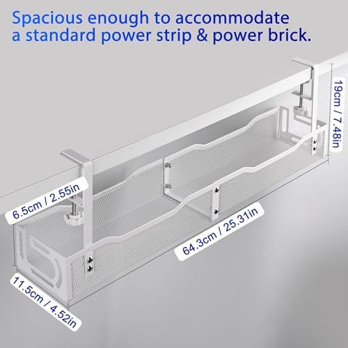 Under Desk Cable Management Box 25.3 Inch – Clamp-Mounted Cable Organizer Tray, Large Cord Management Box for Office & Home, Wire Organizer Under Desk Storage, White