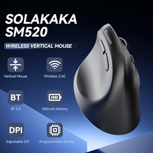 SOLAKAKA SM520 Ergonomic Wireless Mouse with 24,000 DPI, Black
