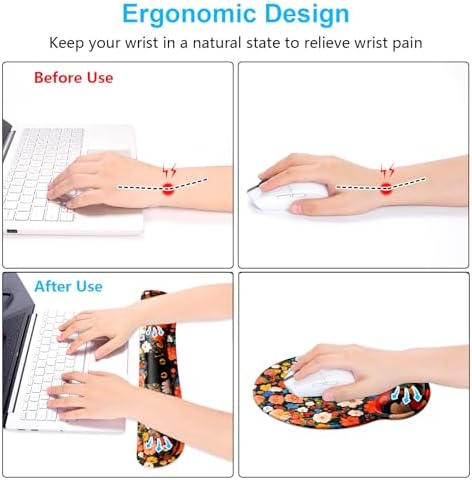 Dapesuom Keyboard Wrist Rest and Mouse Pad with Wrist Support, Cute Memory Foam Cushion for Keyboard and Mouse Set, Desktop Pad Rests with Non Slip Base for Easy Typing & Pain Relief, Cat Flower Bush
