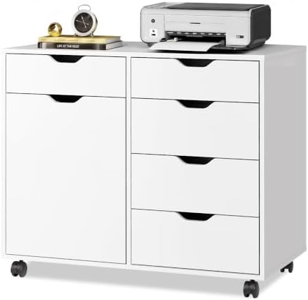DEVAISE 5-Drawer Wood Office Cabinet, Craft Storage Cabinet, White