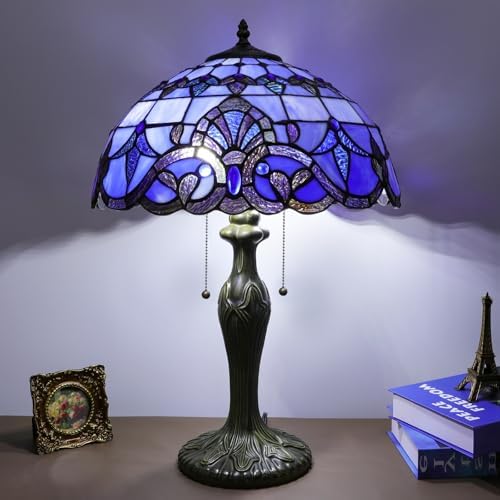 Stained Glass Table Lamp, Adjustable 3 Color Temperature,Blue Baroque Style Lampshade & Plant Texture Curve Antique Base Desk Reading Light 16X16X24 Inches Decor for Bedroom Living Room Office