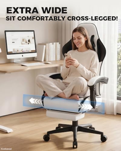 LUCKRACER Gaming Chair with Footrest and Pocket Spring Cushion, 90°-155° Reclining Ergonomic Computer Chair, 4" Height Adjustable, Lumbar Support, SGS Class 3 Gas Lift, White
