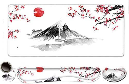 ToLuLu Extended Gaming Mouse Pad, Memory Foam Ergonomic Keyboard Mouse Wrist Rest Support Set, Large Desk Mat with Stitched Edges, Non-Slip Base Mousepad for Home Office Game, Cherry Blossom Sakura