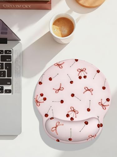 Seorsok Retro Ribbon Bow Cherry Mouse Pad with Gel Wrist Support Mouse Pad,Ergonomic Aesthetic,Comfort Mousepad for Office Work Computer,Pain Relief Mousepad with Non-Slip Silicone Base,Pink