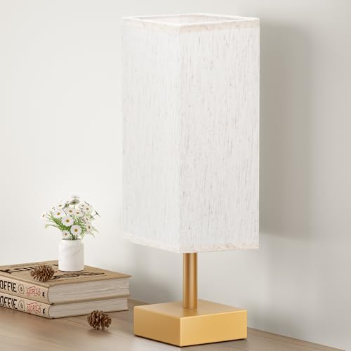 aooshine Gold Small Bedside Lamp for Bedroom - Square Cream Fabric Shade
