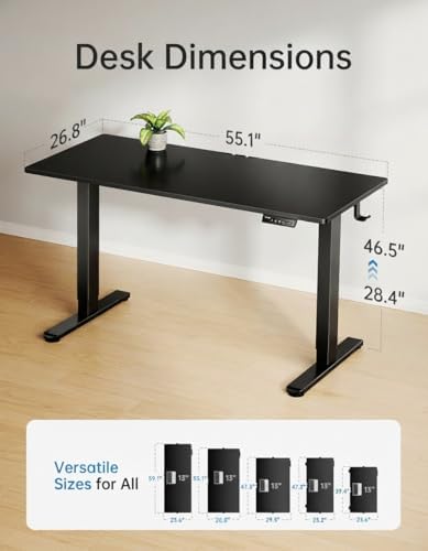 HUANUO Electric Standing Desk, Whole Piece Desktop, Adjustable Height Computer Desk, 4 Height Memory Settings, Sit Stand Up Desk for Home Office, 55" x 27", Black