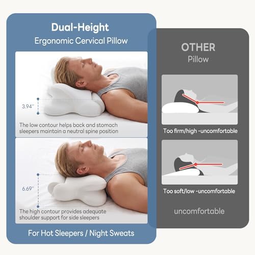 Sweetcrispy Cervical Pillow for Neck Pain, Ergonomic Contour Memory Foam Pillow with Detachable Roll Support, Cooling Breathable Cover for Side Back Stomach Sleepers, White