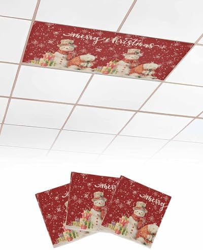 Red Christmas Magnetic Fluorescent Light Covers for Ceiling Lights 2 x 4 Feet,Country Snowflakes Snowman Bear Farmhouse Office Classroom Kitchen Drop Ceiling Light Covers Filters Shade Panel 3 Packs