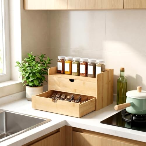 Bamboo Desk Organizer with Drawers, Desktop Storage for Office Supplies