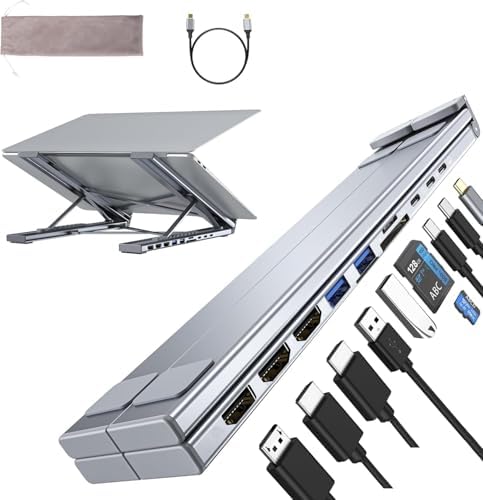 M94 Laptop Docking Station Stand 3 Monitors, 10 in 1 USB C Hub Triple 4K@60Hz Display with Dual HDMI, DisplayPort, Portable Laptop Stand with USB Ports, Dock Station Computer Holder (2 HDMI+DP)