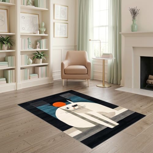 4'x6' Black White Cat Artistic Feline Design Ultra-Soft Area Rug