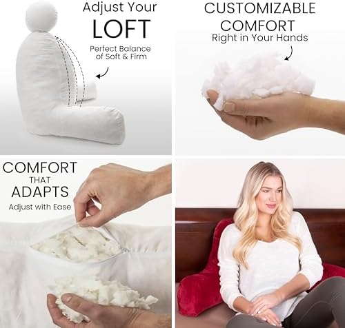 Husband Pillow Red, Original Reading Pillow in Bed Rest Chair, Shredded Memory Foam Large Lounge Cushion Adult Backrest with Arms, Comfy Back Support for Sit Sitting Up, Washable/Removable Cover